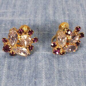 1960s Vintage Screw Back Earrings with a Cluster of Red and Clear Rhinestones